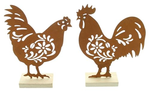 Figur Huhn & Hahn, 2er Set, Metall, Holz Maße: 14 x 20 cm, 15 x 20 cm