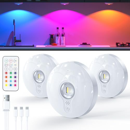 TRUMPETS RGB LED Spot Akku Magnetisch mit Fernbedienung，Weiß：3 stk | USB-C Aufladbar, kabellos, Timer & Speicherfunktion, Vitrinen- und Schrankbeleuchtung