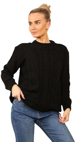 MyShoeStore Ladies Knitted Cable Knit Jumpers Womens Crew Neck Casual Lightweight Fisherman Baggy Oversize Chunky Vintage Long Sleeve Pullover Warm Winter Sweaters Tops Black S/M