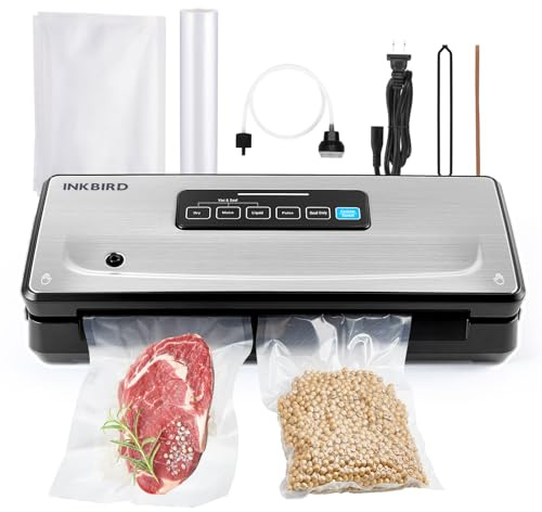 Food Vacuum Sealer Machine 10-In-1 with Bag Storage(Up to 20FT) and Cutter, INKBIRD Food Sealer Vacuum Sealer for Food with Moist/Dry/Canister 5 Food Modes, Starter Kits Bags*5 and Bag Roll*1, 85KPa
