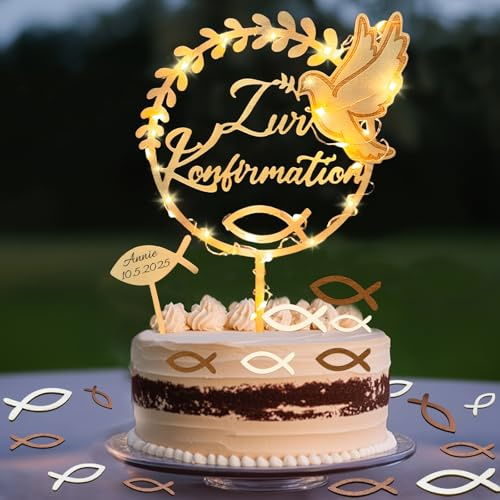 Tortendeko Konfirmation mit LED Lichterkette, Cake Topper Konfirmation Holz & 36 Stück Holz Fische Streudeko Tischdeko & Kreuzigung Fisch Kuchen Deko, Deko Junge Mädchen Geschenke Gastgeschenke
