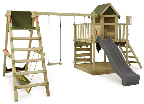 FATMOOSE Spielturm Klettergerüst JazzyJungle Jam XXL mit SurfSwing, Schaukel & Rutsche, Outdoor Kinder Kletterturm mit Sandkasten Leiter & Spiel-Zubehör für den Garten (Anthrazit)