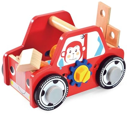 ACOOLTOY Montessori Holzspielzeug Auto ab 2 3 4 5 Jahren – Interaktives Motorikspielzeug mit Affen-Design, Zahnrädern & Hammer – Lernspielzeug für Feinmotorik, Kreativität & Farben
