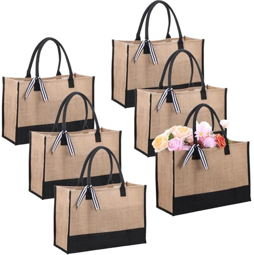Limbeuuu 6 Pieces Burlap Tote Bags Set Jute Tote Bag with Handles Initial Canvas Beach Large Reusable Gift Bag for Women Shopping Market Grocery Holiday Travel DIY Bags