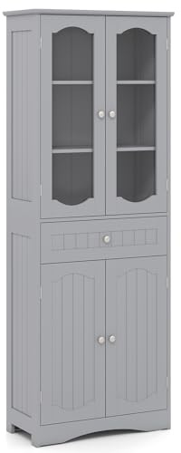 COSTWAY 160cm Tall Bathroom Cabinet, Freestanding Storage Cupboard with Tempered Glass Doors, Adjustable Shelves and Drawer, Wooden High Floor Cabinet Unit for Living Room Kitchen Hallway (Grey)