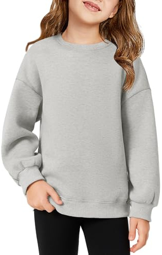 Haloumoning Sweat-shirt pour fille à col rond de grande taille, léger, sportif, à manches longues, uni, basique, à manches longues, 5-14 ans, gris, 11-12 años