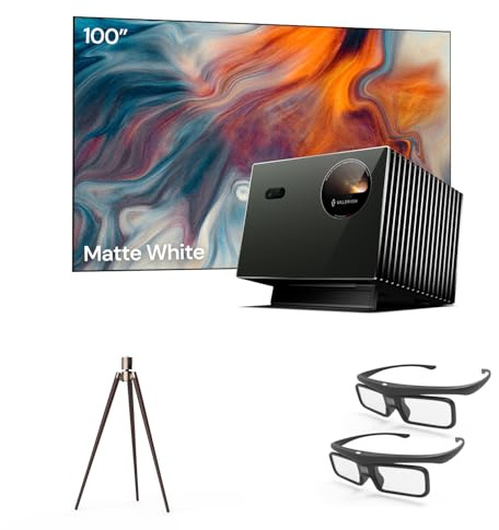 Valerion Heimkino-Paket – Enthält Valerion Pro2 4k-Projektor + 100 Zoll mattweiße Leinwand + Walnuss-Stativständer + 3D-Brille