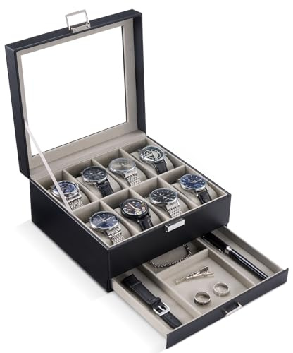 ProCase Caja para Reloj de 8 Ranuras, Estuche Organizador de Relojes de 2 Pisos con Tapa Vidrio Anti-polvo Almacenaje Guardarrelojes para Hombres y Mujeres (Negro)