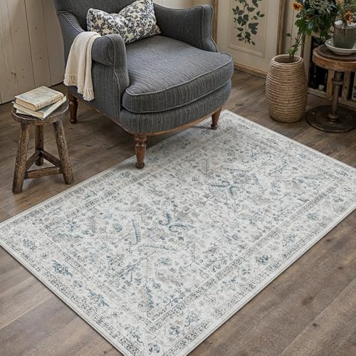 PureCozy Vintage Blau Teppich Wohnzimmer 80x150cm Waschbar | Waschbarer Teppich, Weich Rutschfest, Kurzflor Boho, für Wohnzimmer Schlafzimmer Esszimmer Büro, Carpet Teppiche