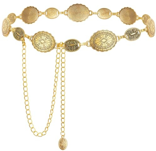 AOOTUERL Cinturón de Cadena de Metal Dorado Estilo Occidental, Cinturones de Cadena Dorada para Mujer, Cinturón Vintage de Cintura Metálica Ajustable, Para Pantalones Falda Vestido Abrigos Jeans