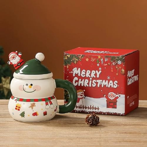 Huiyiwert niedliche Weihnachtstasse 3D Cartoon Weihnachtsbecher Keramik Kaffeetasse Kakaobecher mit Deckel und Rührlöffel Porzellanbecher für Fraun Mädchen Männer (Schneemann mit Grün-Mütze)