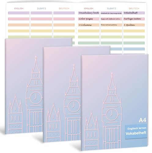 Cuaderno de vocabulario en inglés A4, 3 columnas, a rayas, con línea de división, 54, 16 hojas, cuaderno de vocabulario para inglés A4, material escolar para estudiantes, aprendizaje, práctica, 80 g