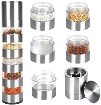 Mini set di spezie da campeggio, 5 in 1, mini set di spezie da viaggio, ricaricabile, mini macinaspezie da viaggio, per campeggio, 2025 gadget per camper