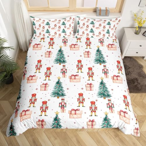 Christmas Nutcracker Bedding Set, Green Tree Branches Duvet Cover Set for Kids Girls, Cute Red Snowflake Comforter Cover King Cartoon Soldier Royal Guarder Bed Sets, Outdoor Christmas Decorations