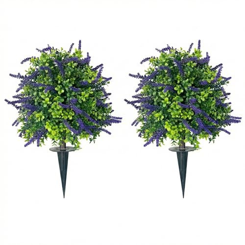 Siyoeg Artificial Lavender Topiary Trees 2 Pack, UV Resistant, Ground Spike