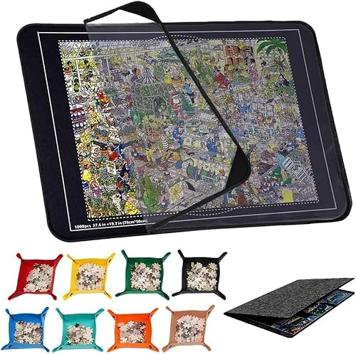 Fiotha Tappetino Puzzle 1000 Pezzi, 80×55 cm Tappetino Portatile, Tavola Pieghevole con 8 Vassoi di Smistamento e Copertura Trasparente, Tavola Leggera in Feltro per Amanti dei Puzzle