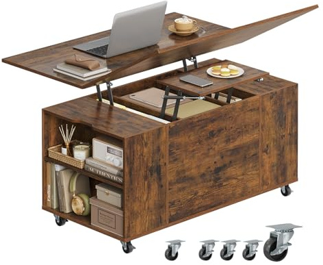 WOLTU Tavolino da Caffè con Ruote e Doppio Piano Sollevabile, Tavolo Salotto Estensibile Regolabile in Altezza con Cassetto e Scomparti, per Soggiorno, Ufficio, Marrone Rustico