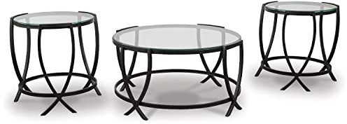 Signature Design by Ashley Tarrin Contemporary Glass Top Round 3-Piece Table Set, Includes Coffee Table and 2 End Tables, Black