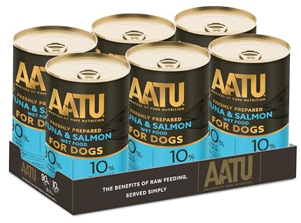 AATU 90/10 Complete Wet Adult Dog Food in a Tin Tuna & Salmon 400g (Pack of 6) - Grain Free Recipe - No Artificial Ingredients - Good for Low Maintenance Feeding