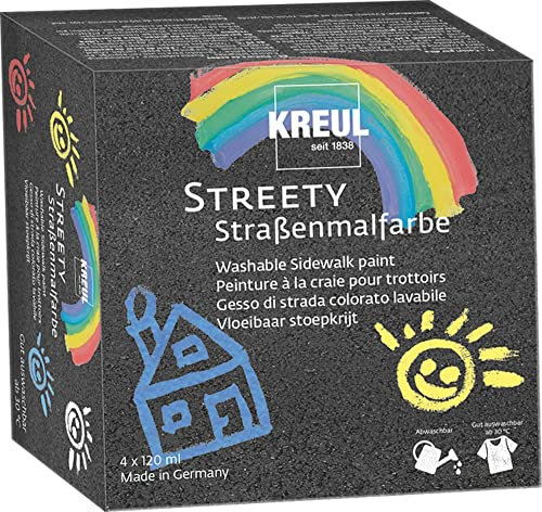 KREUL 43100 - Streety Straßenmalfarbe Set, 4 Farben mit je 120 ml, abwaschbare Flüssigkreide zum Malen mit Pinsel oder Roller, flüssige Straßenmalkreide, vegan, dermatologisch getestet, auswaschbar