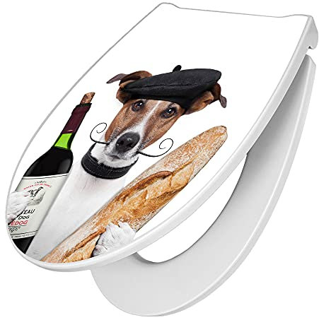 banjado Premium Toilettendeckel mit Absenkautomatik 45x38,4cm / WC Brille Soft Close/hygienischer Toilettendeckel/Klodeckel Duroplast mit Edelstahl Scharnier/Motiv Franzose Jack Russel