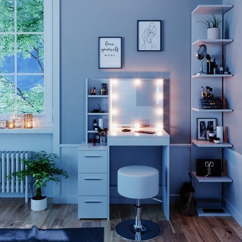Vicco Schminktisch Meryl, Weiß, 80 cm | mit LED Beleuchtung und Hocker, geeignet zum Schminken, Frisieren und Aufbewahren von Kosmetik