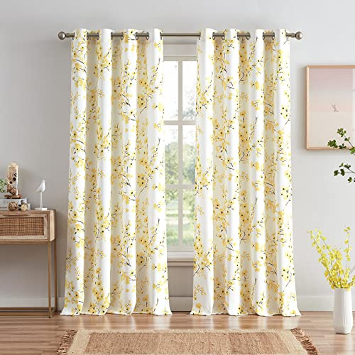 Melodieux blommiga gardiner 153 cm längd för vardagsrum, bondgård gul aprikos blomtryck vit dekorativ öljettdraperier, 132 x 150 cm, 2 paneler