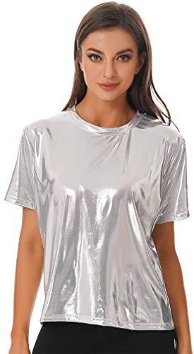 FEESHOW Damen Metallic Shirt Top Glänzend Holografisches T-Shirt Oberteil Kurzarm/Langarm Fasching Party Clubwear Silber/Gold/Lila/Pink/Blau
