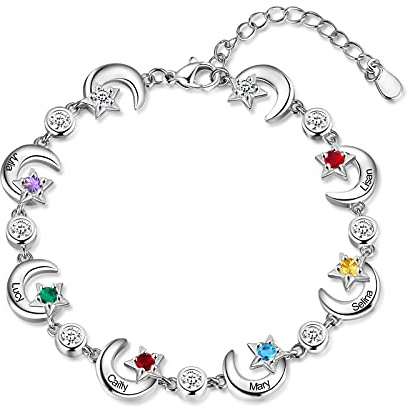 RolaOnly Armband mit 2-6 Namen Damen 925 Sterling Silber Geburtsstein Armbänder mit 5A Kubik Zirkonia Sterne Mond Anhänger Personalisiert Schmuck Geschenk für Mutter und Tochter