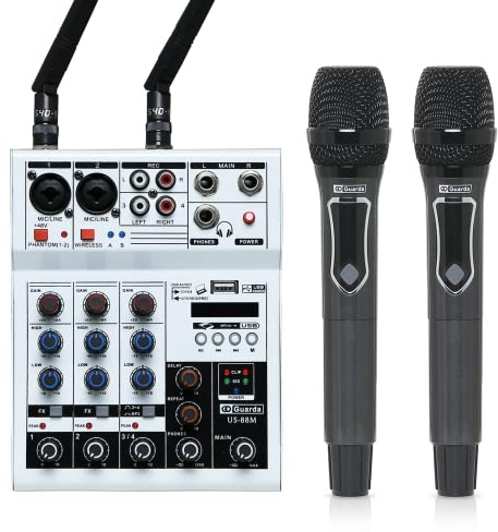 Professional Audio Mixer with Dual Wireless Microphone system set, 4-Channel Mixer, for karaoke, Singing, Amplifier, DJ Mixer, podcast interface, live, MP3, USB sound mixing console (GD Guarda US-88M)