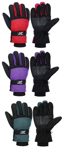 Bencailor 3 Pairs Kids Winter Gloves Waterproof Snow Ski Gloves Warm Windproof Adjustable Mittens for Boy Girl Outdoor(3-6 Years,Red, Green, Purple)