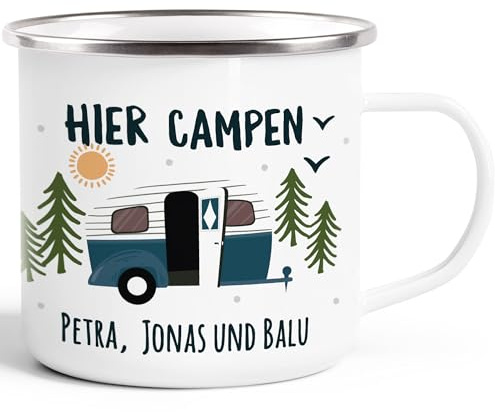 SpecialMe® Emailletasse Camping personalisiert Namen Familie Geschenke für Camper Wohnwagen personalisierbar.Becher Emaille Emaille-weiss-silber standard