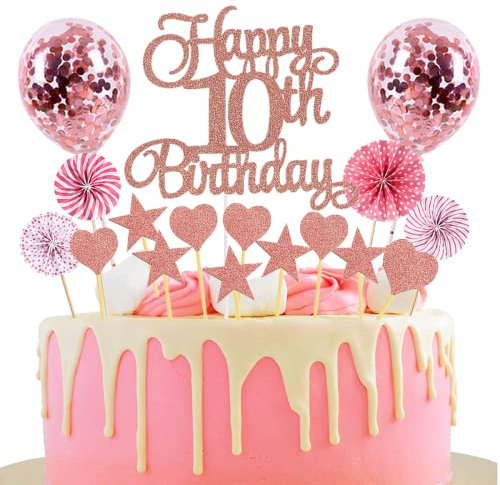 Jxuzh Happy 10th Birthday Tortendeko Rosegold - Kuchendeko für 10 Jahre Mädchen Jungen - Mit Herz Stern für 10. Geburtstag (Rosegold 10)