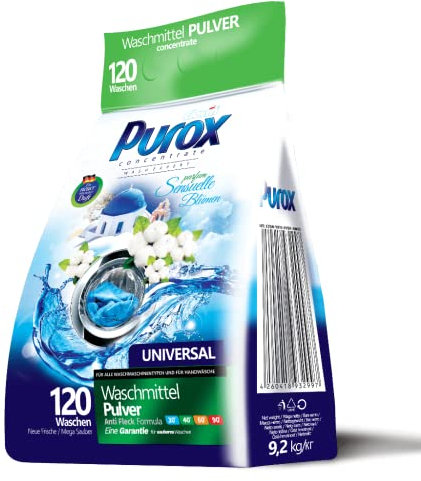 1. PUROX UNIVERSAL Detergente Lavadora Polvo Sensuelle Flores en bolsa (120 Lavados) – para todo tipo de tejidos, con aroma floral, elimina manchas, ecológico, protege contra la cal, 9,2 kg
