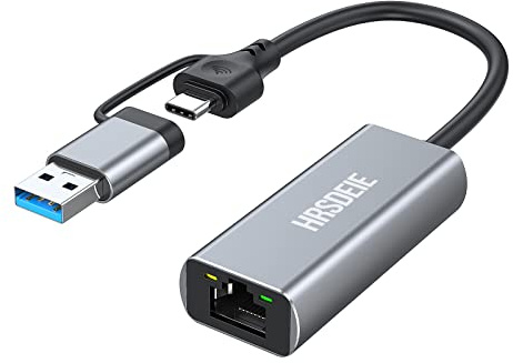 HRSDEIE USB C to Ethernet Adapter with Type-C or USB 3.0 to RJ45 Gigabit LAN 1000 Mbps, Thunderbolt 3 to Wired Network Adapter for Windows, Macbook Pro/Air, Dell XPS 15/13, iPad, Galaxy, Surface Pro