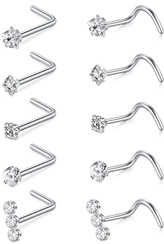 VFUN 22G 0.6MM Nasenstecker Spirale L-Form Diamant CZ Nasenpiercing Herz Nasen Piercing Nase Stecker Chirurgenstahl Nostril Piercing Damen 10 Stück Sibler