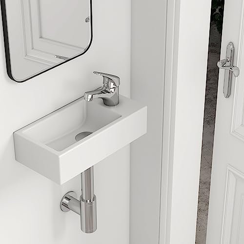 EMKE Lavandino – Mini lavabo sospeso per bagno & WC ospiti – 40 × 20 × 10 cm – Lavabo in ceramica di alta qualità – rettangolare rubinetto foro destro – bianco