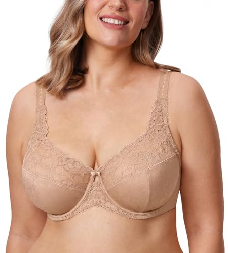 DELIMIRA Women's Plus Size Full Coverage Underwire Unlined Minimizer Lace Bra Natural 36J