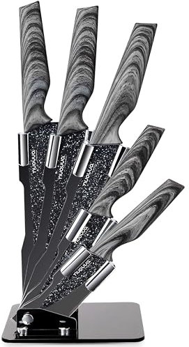 Kitchen Knife Block Set - Granite 5 Piece Knives Set with Clear Acrylic Block - Wood Affect Handle - Stainless Steel Blades - by Nuovva