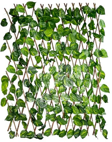 Set 2 Pezzi Siepe Finta Artificiale con Traliccio Estensibile in Legno Siepe Sintetica con Foglie Copri Ringhiera Verde Recinzione Edera Giardino Frangivista Ornamentale Misura 1x2 metri
