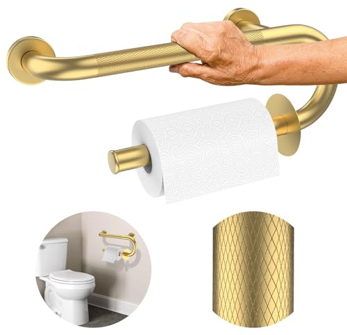 Gold Grab Bar with Toilet Paper Holder, Safety Grab Bars for Senior | Toilet Grab Bar 16 Inch, Anti-Slip Knurled Grip, Stainless Steel Bathroom Support Bar, Assist Handle Handrail for Elderly