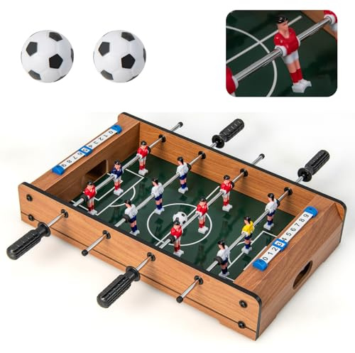 HOMASIS Mini Tischkicker Kinder, Kickertisch inkl. 2 Kickerbälle & 4 Spielstangen, Tischfußball mit Griff & Anzeigetafel, Fußballtisch Holz-Optik für Kinder & Erwachsene 51 x 30,5 x 9 cm