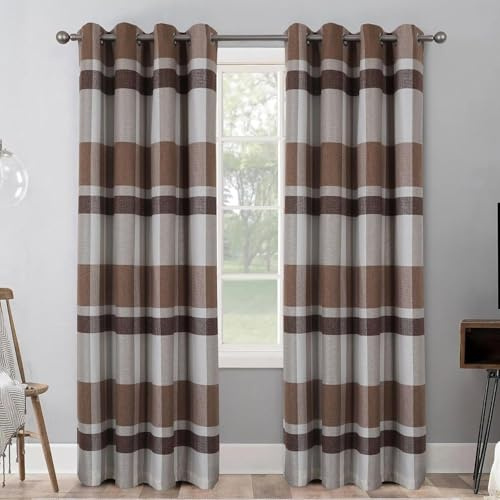 YZQGLHP Gardinen Braun VorhäNge Streifen VerdunklungsvorhäNge mit Ösen Blickdicht Schallschutz Gardine für Schlafzimmer Wohnzimmer 2er Set H137 x B117 cm