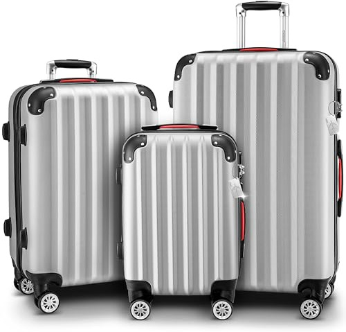 MONZANA® 3tlg. Kofferset, Silber - M-L-XL - inkl. Schloss, Organizer & Kofferwaage - Gurt Gel-Griffe, Zwillingsrollen, Standfüße, Trolley, Reisekoffer, Hartschalenkoffer, Gepäck-Set, Trolley Set