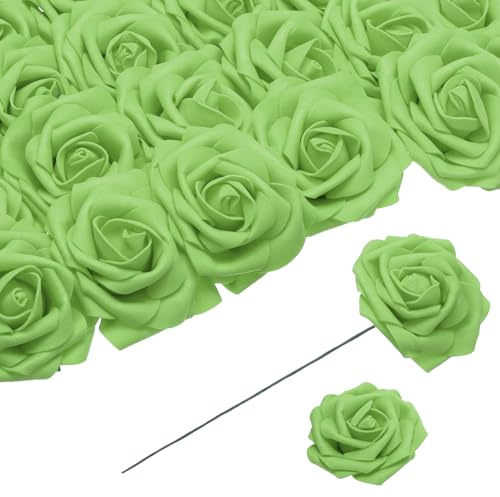 QUARKZMAN 25pz Rose Schiuma Fiori Artificiali, Rose Finte con Steli Schiuma Real Touch Rose Finte per Matrimoni, Feste, Uffici, Docce, Decorazioni Casa, Verde