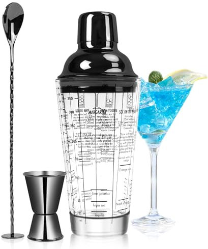 SAVORLIVING Set di shaker da cocktail in vetro da 14 once, Mixer Shaker Margarita con colino, misuratore e cucchiaio, Set di strumenti da bar professionali per barman e principianti (Nero, 3PCS)