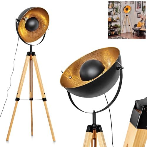 HOFSTEIN Stehleuchte Jupiter, Stehlampe aus Holz/Metall in Naturfarben/Schwarz/Goldfarben, Leuchte im Boho-Style, Höhe 167 cm, Ø 49 cm, Fußschalter - Wohnzimmer, Schlafzimmer, Esszimmer, Flur, Büro