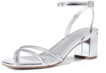 DREAM PAIRS Sandalias de tacón bajo con tiras gruesas para mujer, puntera abierta, correa al tobillo, cómodas, para bodas, fiestas, elegantes, plateado, 37 EU