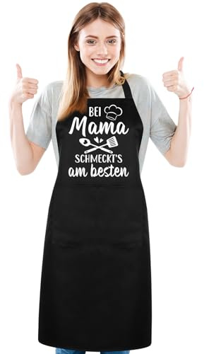 Livdouyu Kochschürze Damen Personalisiert Schwarz, BEI MAMA SCHMECKT'S AM BESTEN,Küchenschürze Schürze Damen Lustig Grillschürze Backen mit Taschen für Frauen Mama Geschenke