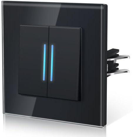 BSEED Light Switch with Led Indicator,Glass Wall Toggle with Grappling Hook,Easy Installation,E-Series,2 Gang 1 Way,86mm Black